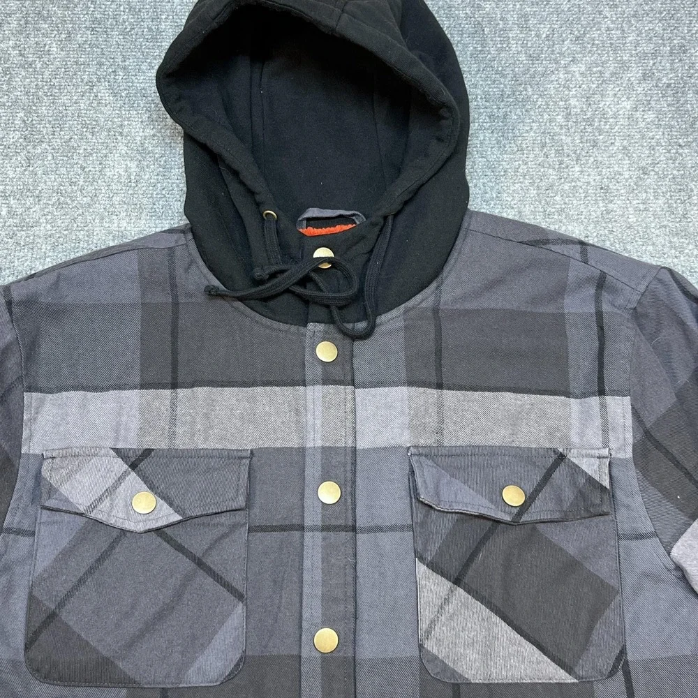 Troll Co Jacket Mens Large Gray Plaid Flannel Hooded Sherpa Lined Parka Snap